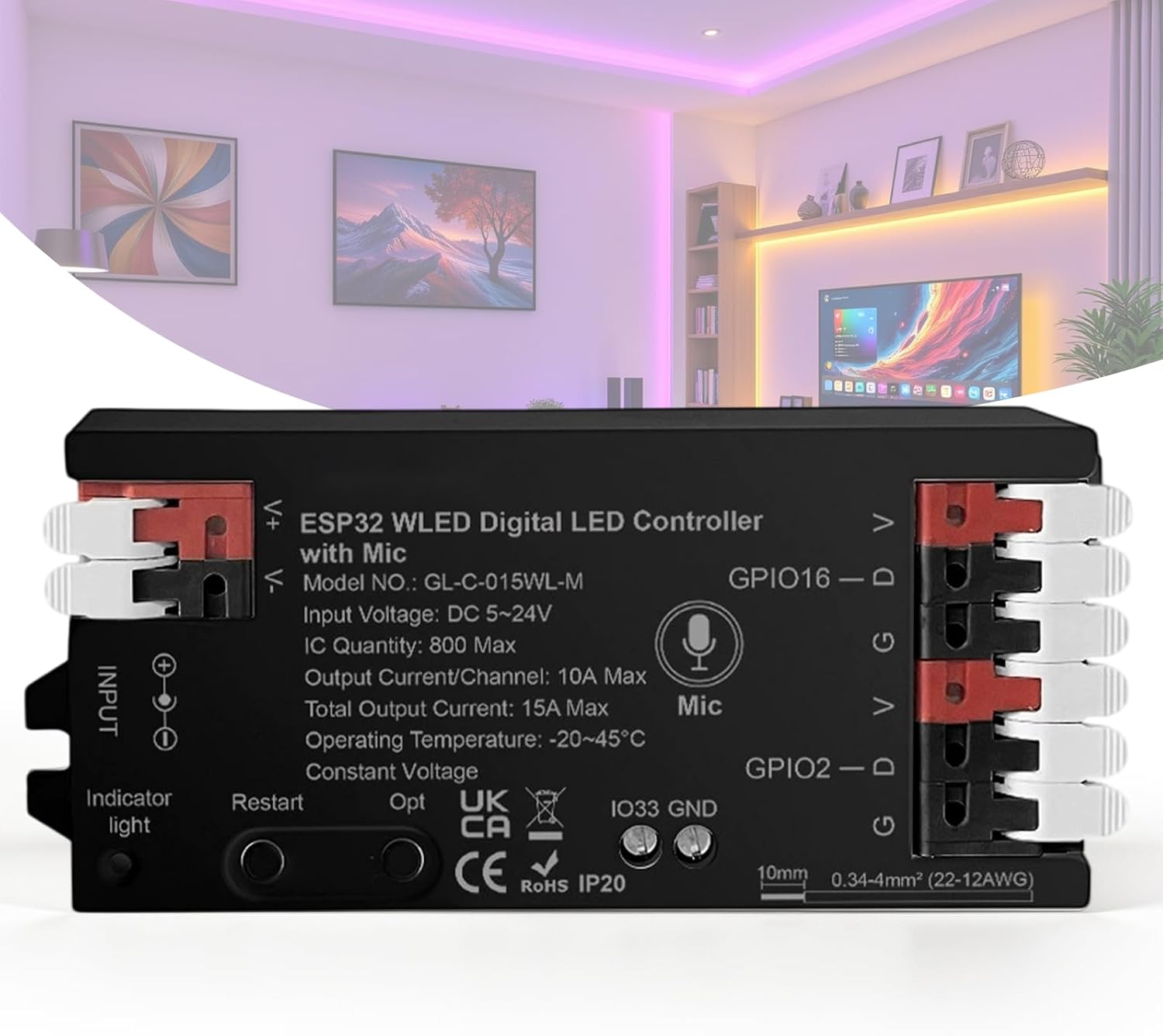Контроллер WLED ESP32 с микрофоном, контроллер светодиодной ленты DC 5-24V, управление через приложение, музыкальный режим, совмес