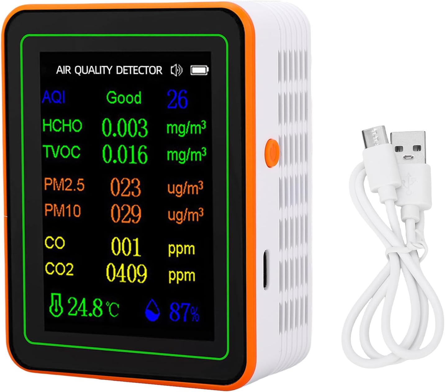 Air Quality Detector, Accurate CO2 TVOC HCHO PM2.5 PM10 Temperature Humidity Tester, Color Display Detector with Real Time Data, for Home, Office & Greenhouse (White (White Orange)