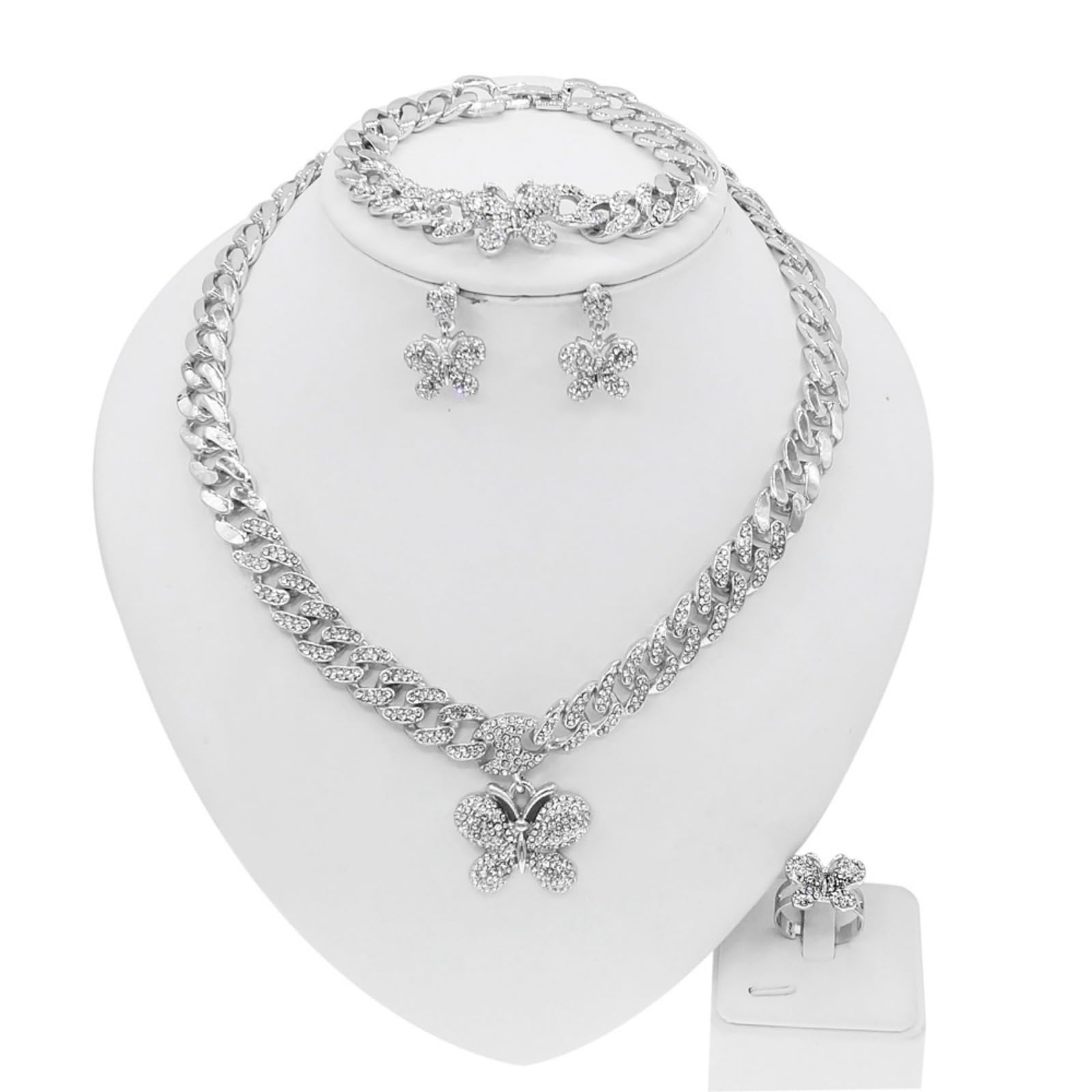 4 pcs Sparkling Crystal Bridesmaid Brides Bijoux Bijoux pour Femmes Collier Boucles d'oreilles Ring Adjustable Women's Wedding Part