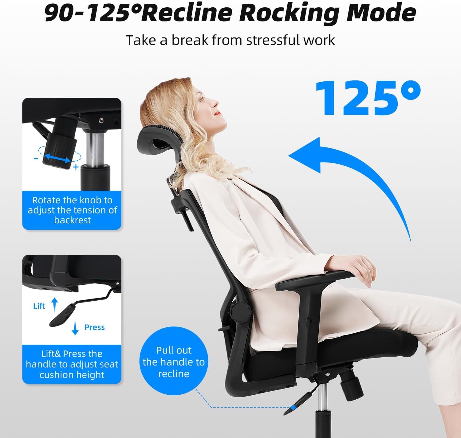 Daccormax Bürostuhl Ergonomisch, Schreibtischstuhl mit Verstellbarer Kopfstütze, Armlehnen, Lendenwirbelstütze, Drehstuhl Wippfunktion bis 135°, Chefsessel aus Mesh, 150kg