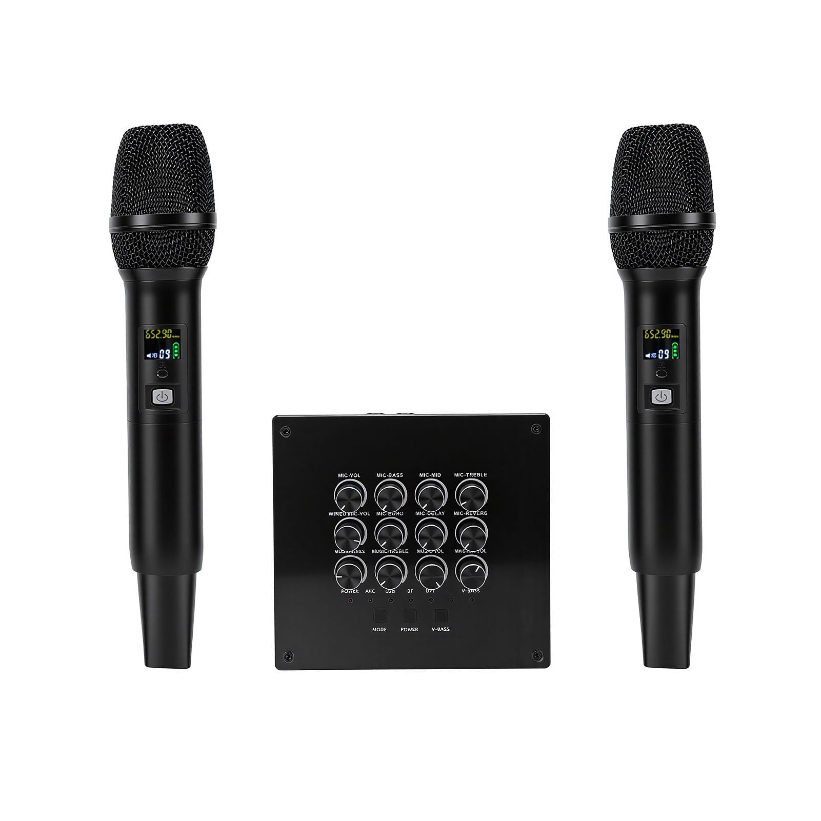 Fabater con Doppio Microfono Wireless Portatile per Karaoke e Discorsi, connettività Affidabile, Equalizzatore Integrato, Set di 2 Microfoni, Design Compatto