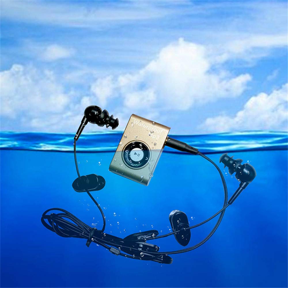 Lecteur MP3 étanche IPX8 intégré 8 Go pour sport, natation, course, plongée, surf, musique avec radio FM et fonction Shuffle Casque Hi-Fi (doré)