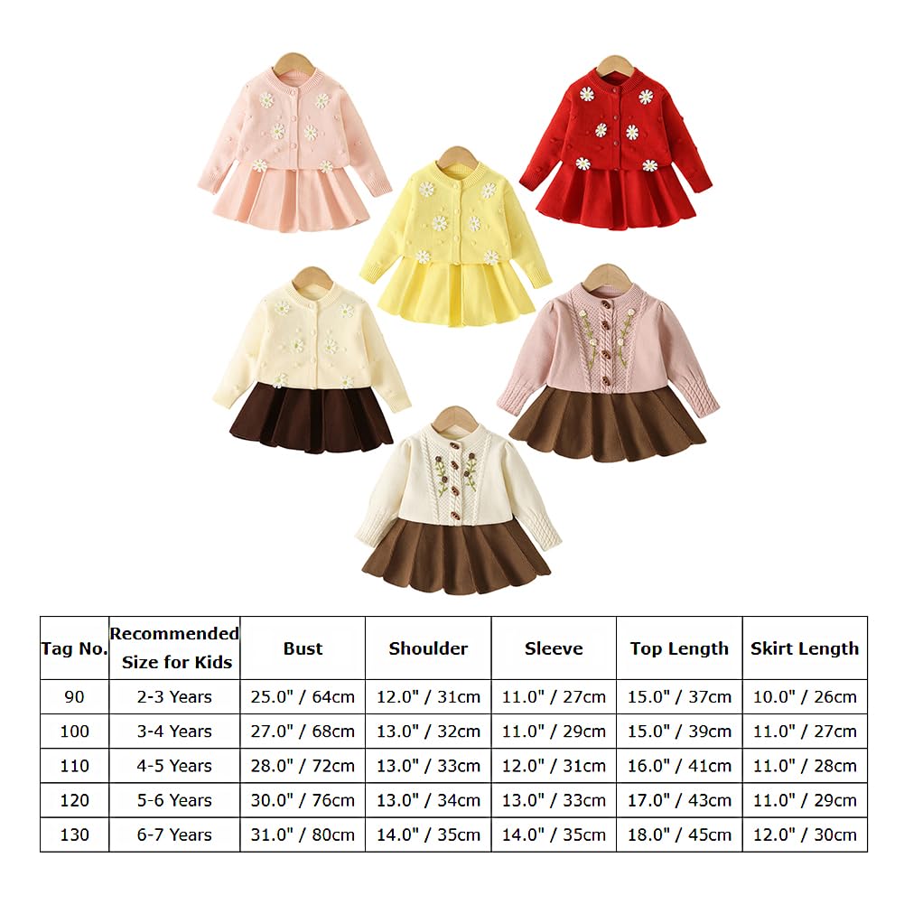 OMEWEE Set di maglioni per ragazze Cardigan lavorato a maglia gonna a pieghe per bambini 2 pezzi abiti compleanno ricamo floreale sudore maglione a maniche lunghe gonna midi autunno abbigliamento