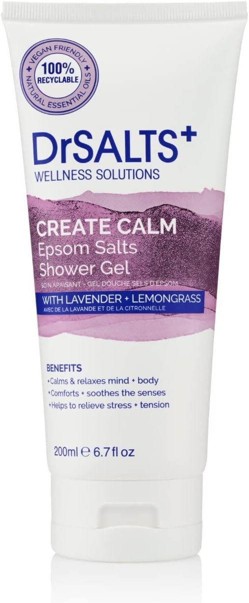 DrSALTS+ Create Calm Shower Gel - Soothing Epsom Salts to Relax Body & Mind with Lavender, Chamomile & Lemongrass Essential Oils - Vegan & Cruelty-Free, 200ml