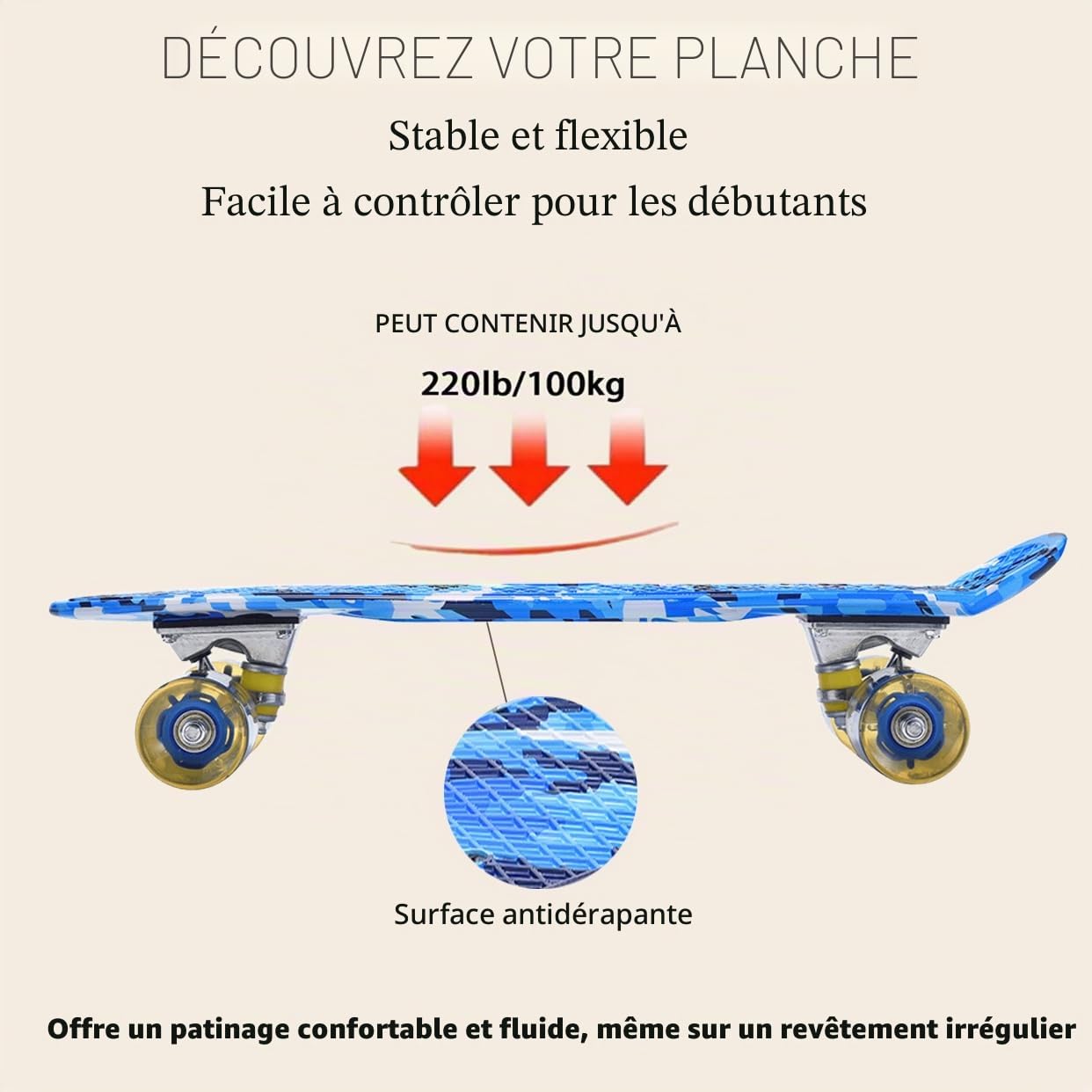 ERNAN Skateboard Complet Mini Cruiser pour Enfants 22"，Skateboard avec Roues LED pour Enfants Débutants Filles Garçons Adolescents Adultes