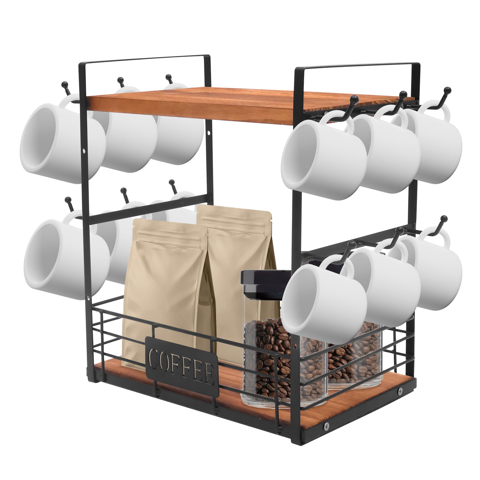 shaojian 2 Tiers Coffee Station Organizer with 12 Hooks, Wood & Iron Coffee Bar Organizer and Mug Cup Holder for Countertop, Multifunctional Kitchen Storage Essentials(Black)