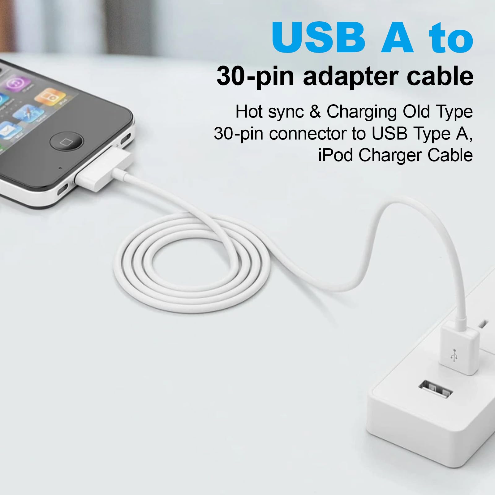 USB Sync and Charging Data Compatible With iPhone 4/4S/3G/3GS, iPad 1/2/3, iPod Touch/Classic, Old 30-Pin Devices, 1M, White — view 4