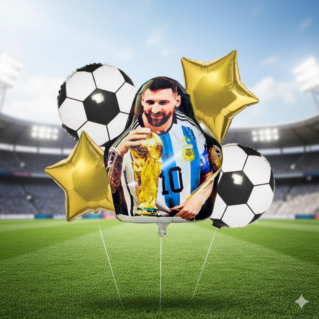 Atpata Funky Messi Theme 5 Pcs Foil Balloons Set with Football & Star Shapes | Lionel Messi Fans Birthday Party Decoration | Soccer Theme Balloon Decor for Kids Adults Celebrations-image-9