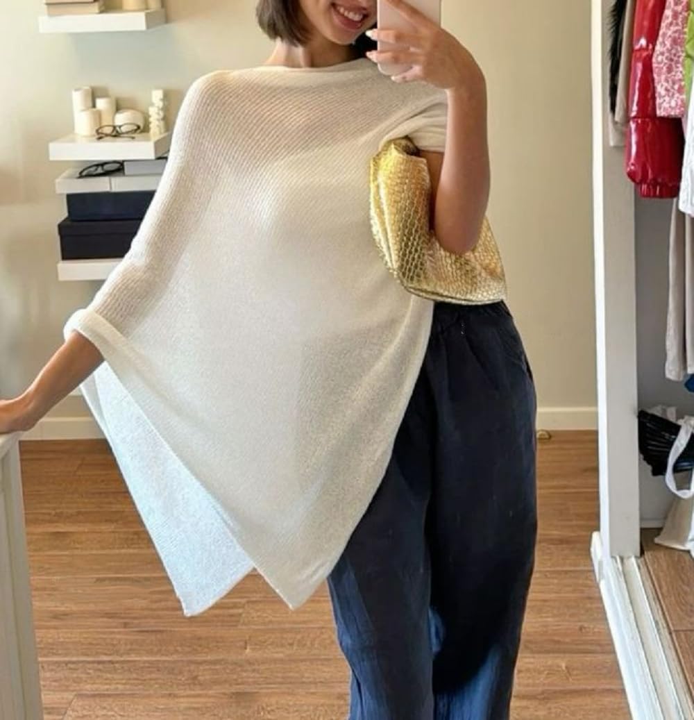 Seyurigaoka Womens Sheer Poncho Top Lightweight Knit Shrug Shawl Off The Shoulder Mesh Blouse Cover Up Tops - Image 2