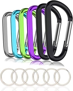 CampTek 6-Pack 3" Black Aluminum Carabiner Clips with Keyrings - Lightweight D-Ring Hooks, 50LB Strength for EDC, Camping, Keys