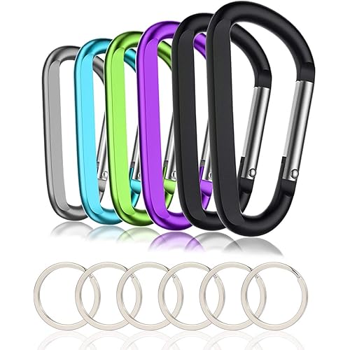 6PCS Black Carabiner Caribeaner Clip,3" Large Aluminum D Ring Shape Carabeaner with 6PCS Keyring Keychain Hook…