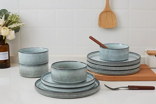 Miniatura 4 de Famiware Star - Juego de vajilla con platos y cuencos, servicio para 4 (16 piezas), platos de cocina de cerámica, color azul ahumado