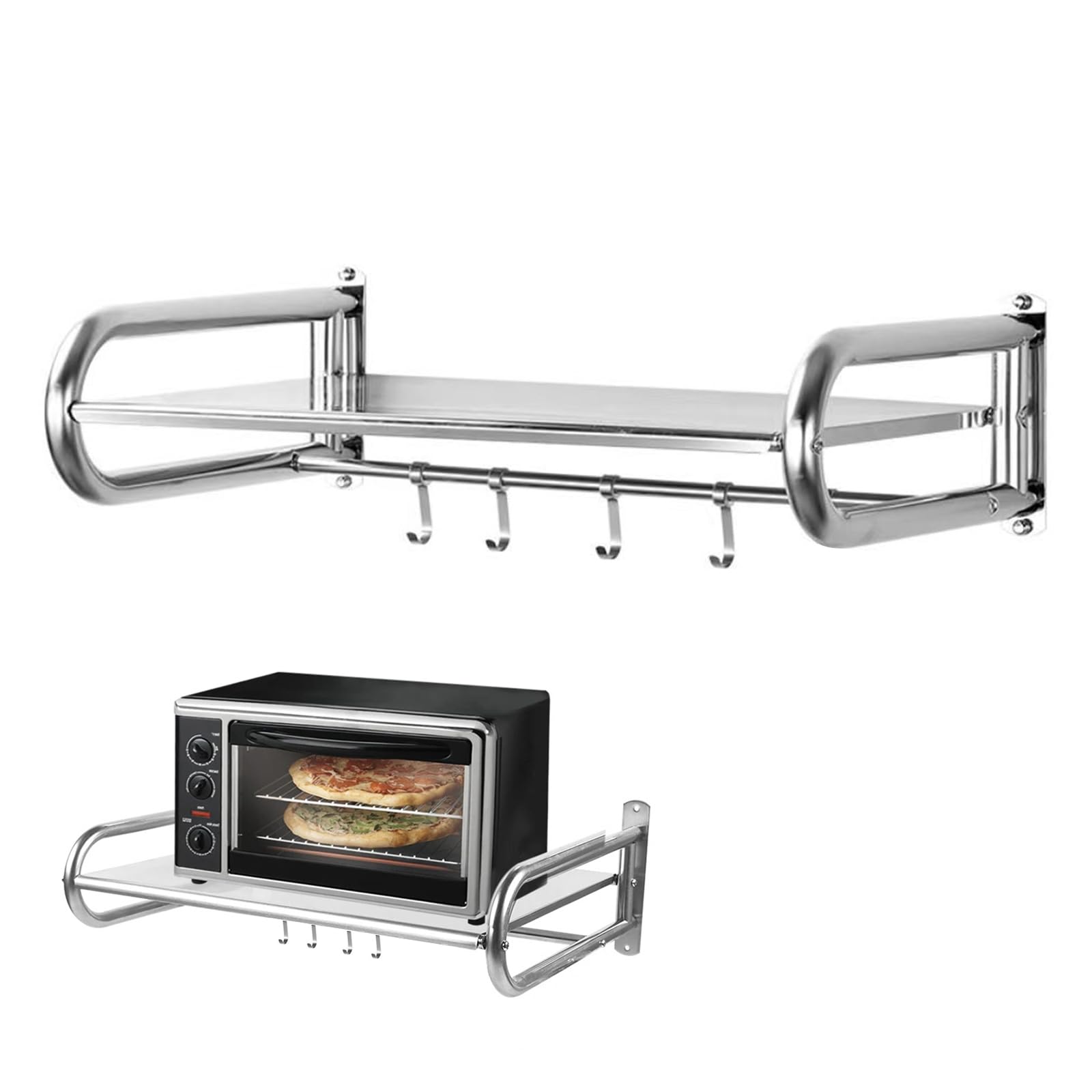 TWSOUL Mensola per microonde, montaggio a parete, con 4 ganci, in acciaio inox, per forno, microonde, spezie, stoviglie da cucina