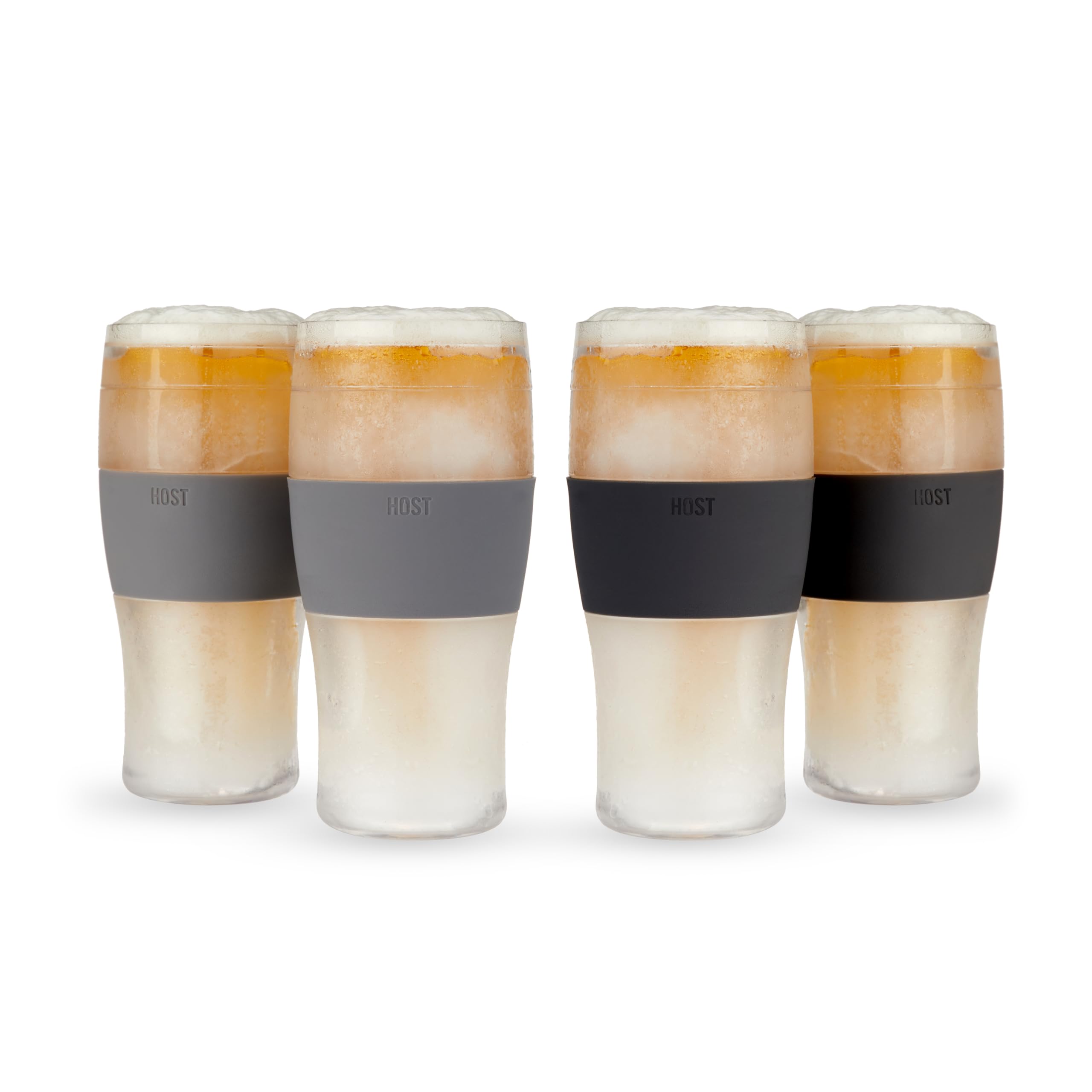 Host Beer Freeze Cooling Glasses, Plastic Double Wall Insulated Freezable Drink Chilling Cup with Freezing Gel | Frozen Pint Glass, Set of 4, 16 oz (473ml / .83 UK Pint) - Black and Grey (10017)