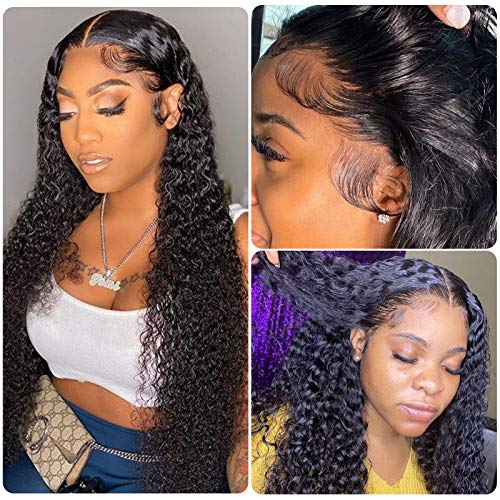 180% Density 13x4 Mongolian Kinky Curly Lace Front Wigs Human Hair Pre Plucked With Baby Hair for Black Women Glueless 20 Inch Deep Wave Curly Frontal Wigs Full Lace Free Part