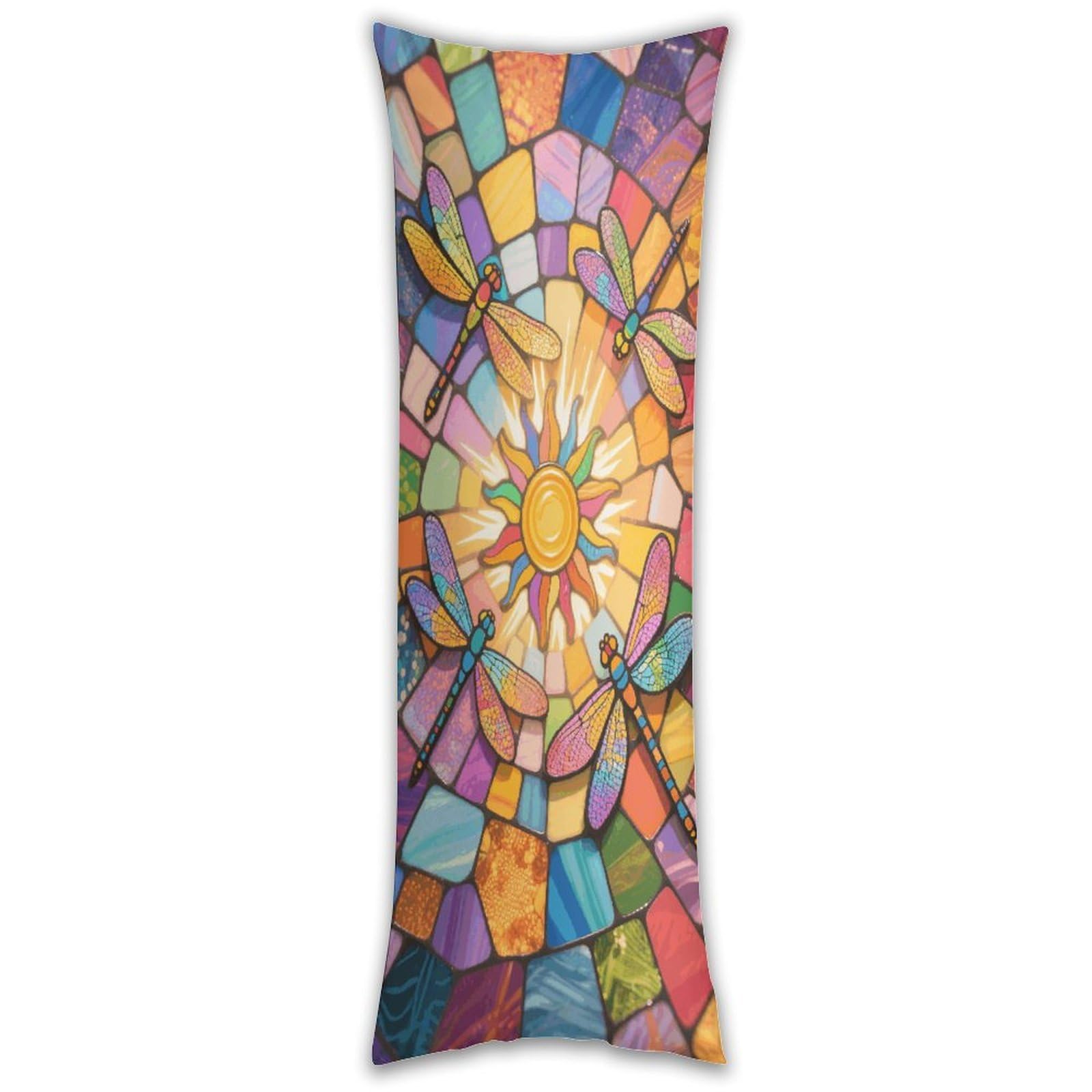 Stained Glass Dragonfly Body Pillow Cover with Hidden Zipper Breathable Polyester Long Pillow Case Cozy Fuzzy Body Pillowcase Ultra Soft Long Pillow Cover for Bedroom 18.9 X 53 in