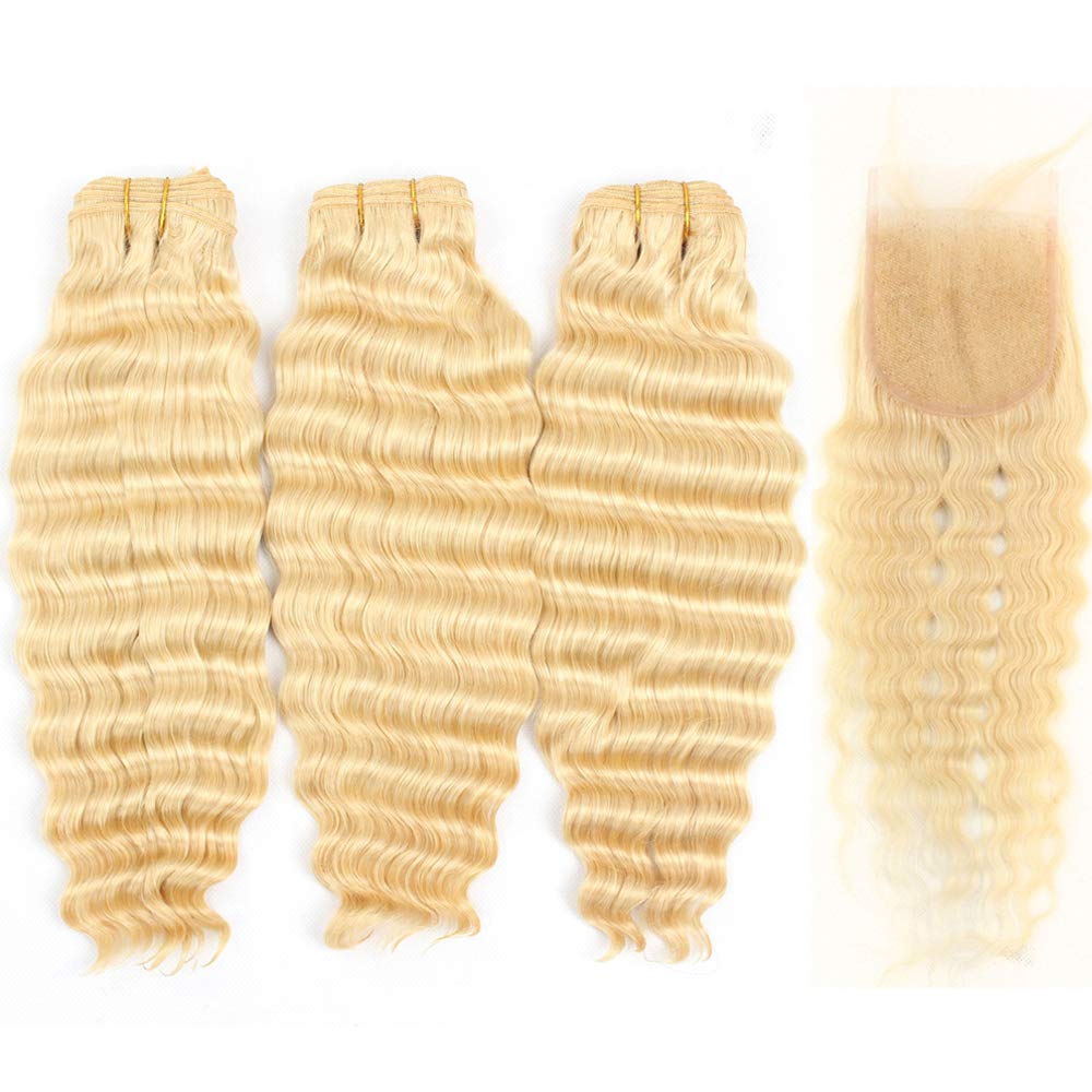 613 Blonde Deep Wave Bundles with Frontal 100% Brazilian Unprocessed Virgin Human Hair 3 Bundles with 4x4 Lace Closure Hair Extension Can Be Dyed (18 20 20+16 Closure,613 Deep Bundles with Closure)