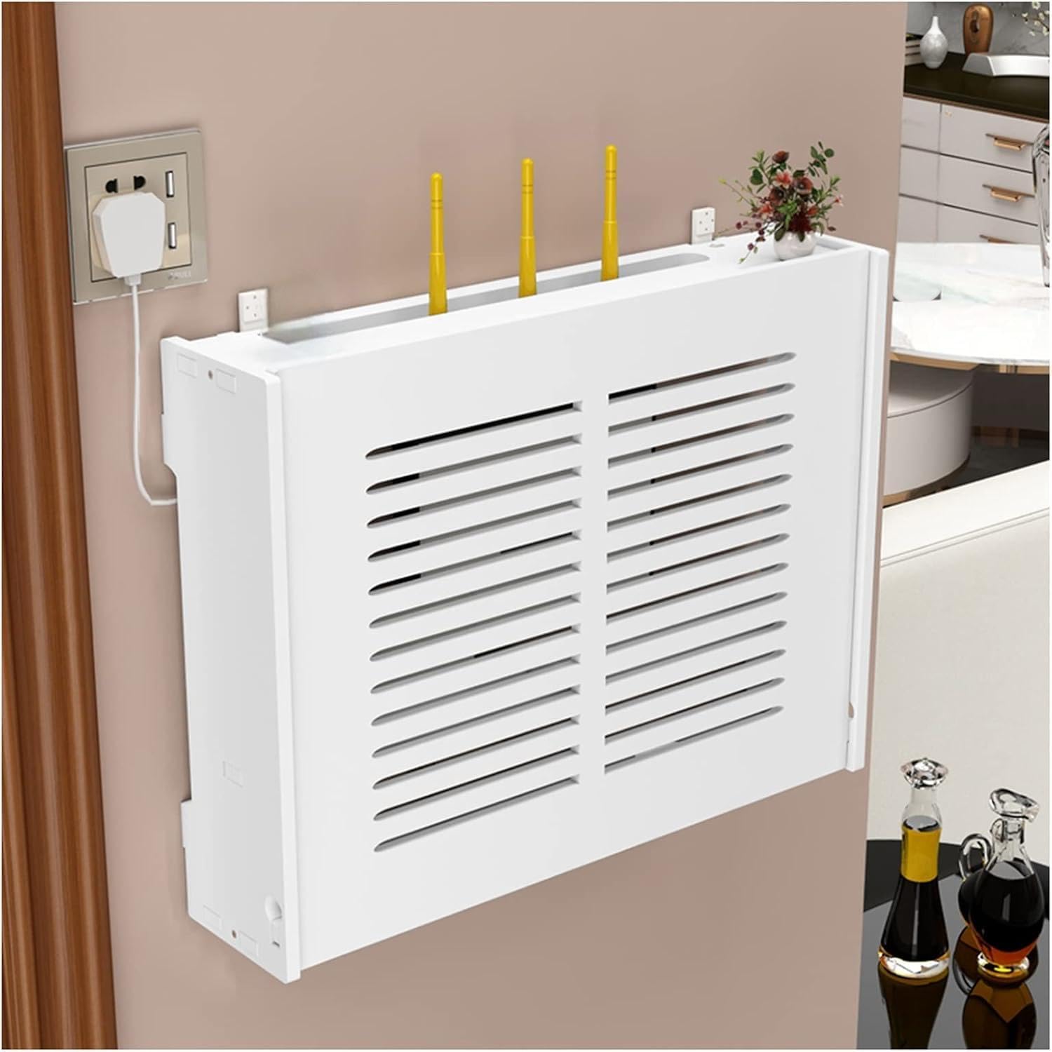 Armadio da parete per router Sto Box, scaffale per organizzare modem e apparecchiature Internet in soggiorno, elegante e funzionale, organizer tecnico per la casa