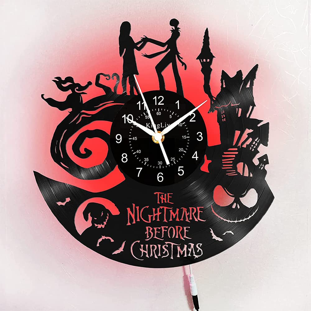 Orologio da Parete in Vinile, Orologio a Tema Natalizio Nightmare Love con Funzione di Luce Notturna a LED a 7 Colori, 30 cm x 30 cm, Nero