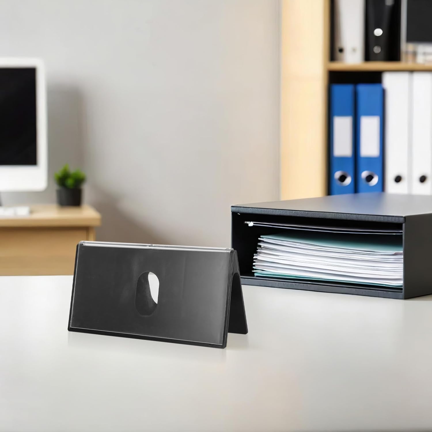 2pcs Double-Sided Plastic Triangular Desk Name Plate Holder, Compact and Reusable Table Display Sign for On-the-go Conference Setups and Classroom Settings, Sleek Black Office Name