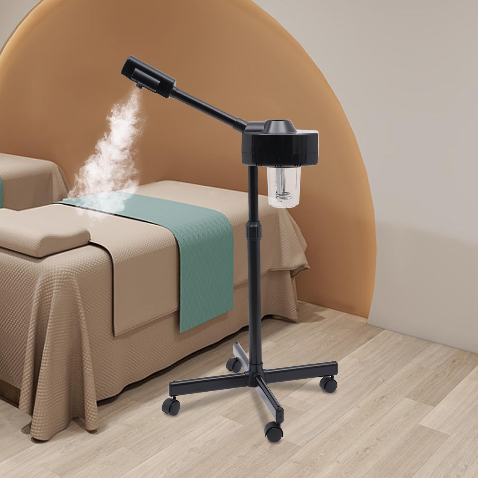 Vaporizzatore a vapore all'ozono, vaporizzatore per il viso per salone e casa, con ruote, vapore caldo, cura del viso, ugello girevole a 360°, 750 W, nero
