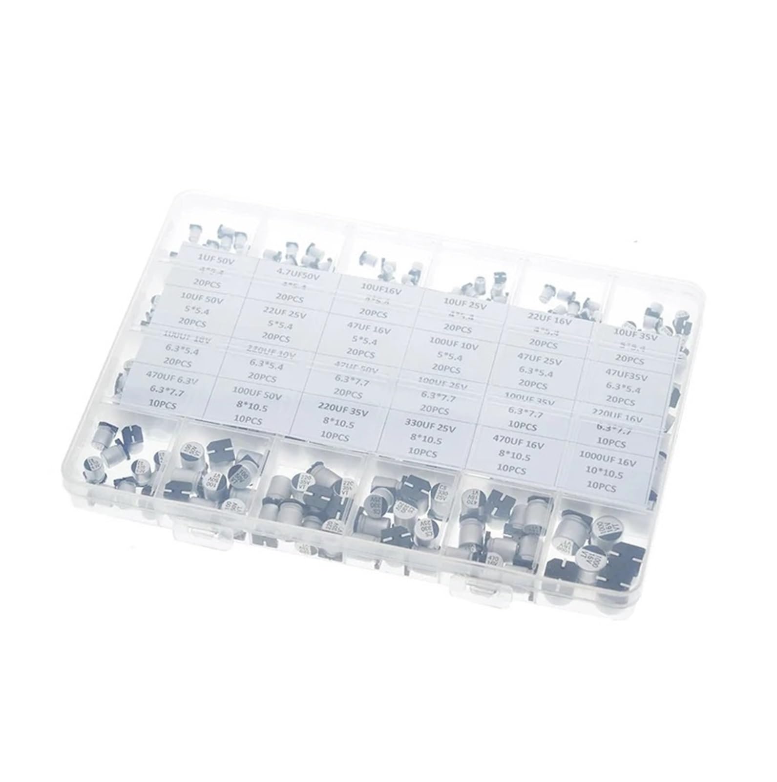 AARTERZZA 1uF 1000uF 6.3V-50V 400PCS 24Value SMD Aluminum Electrolytic Capacitors Assortment Kit Box