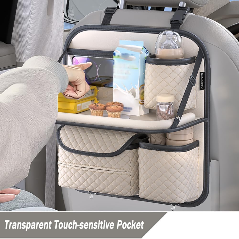 Auto Organizer für VW CC T ROC Bora EOS UP Caddy Golf Polo Jetta New Beetle, Autositz Organizer mit Klapptisch Multifunktional Wasserdicht Auto Rücksitz Organizer,Beige