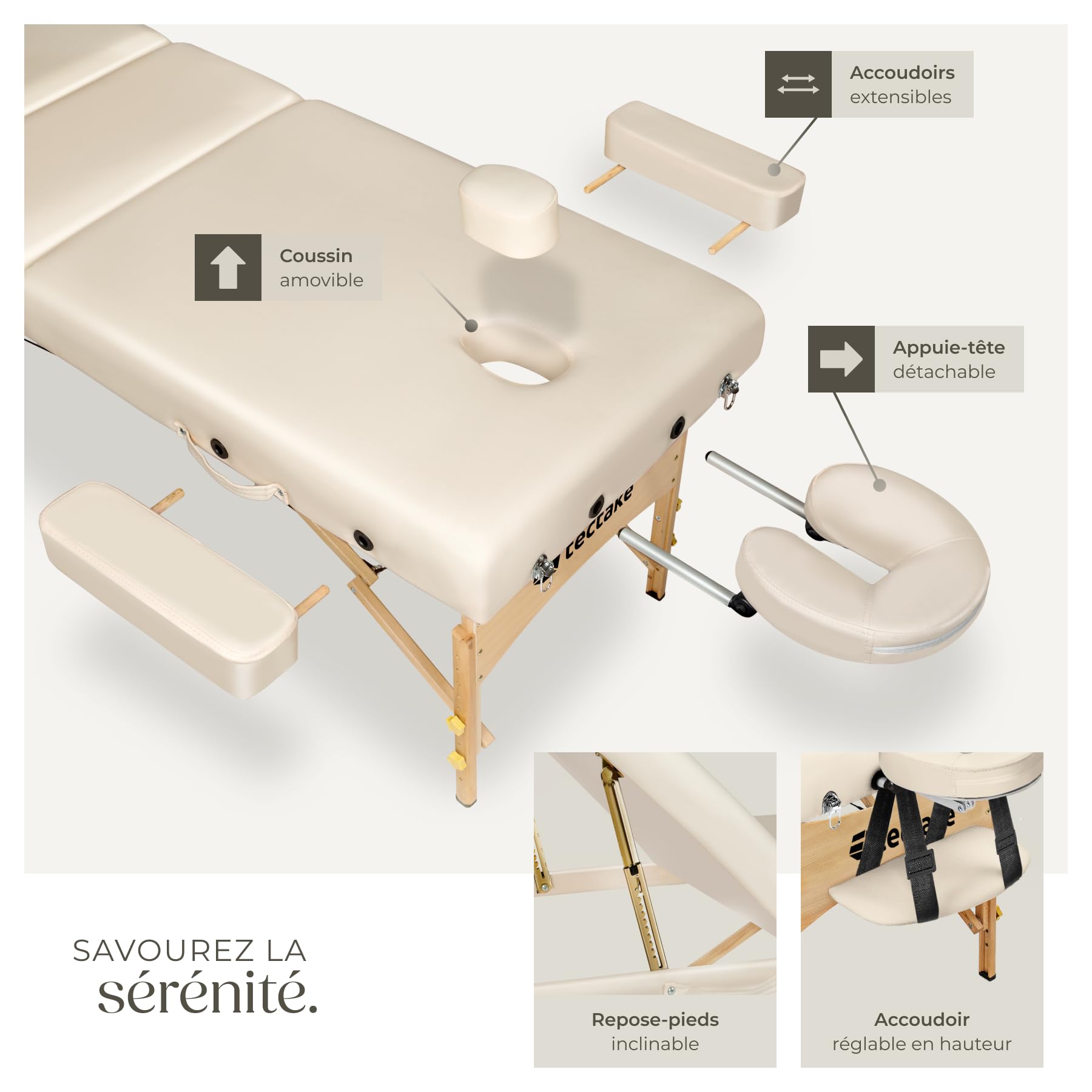 tectake® Table de Massage Pliante Professionnelle 3 Zones Épaisseur de 13 cm Massage et Relaxation Bois Table Esthetique Professionnel Lit de Massage Portable Housse de Transport - Beige