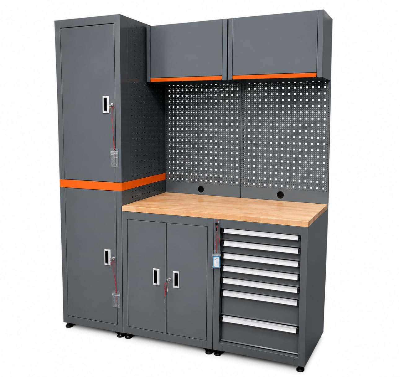 PROWORK JS-108 Combinazione Officina Professionale con Banco da Lavoro, Armadi, Pensili, Pannello Portautensili e Cassetti, Sistema Modulare in Acciaio per Garage e Officina