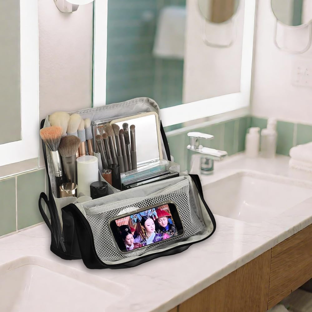 standing makeup bag, Women's Large Capacity Foldable Magnetic Travel Makeup Storage Bag, waterproof pu leather Portable Open makeup bag with dividers,black - Image 2