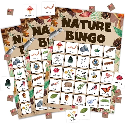 wenhihsiy Nature Bingo Game Cards for Adults, Nature Hike Bingo Cards Game for Family Holidays Friends Gatherings, Ideal for Nature Themed Party Game, 24 Players Birthday Party Supplies Favors, 005