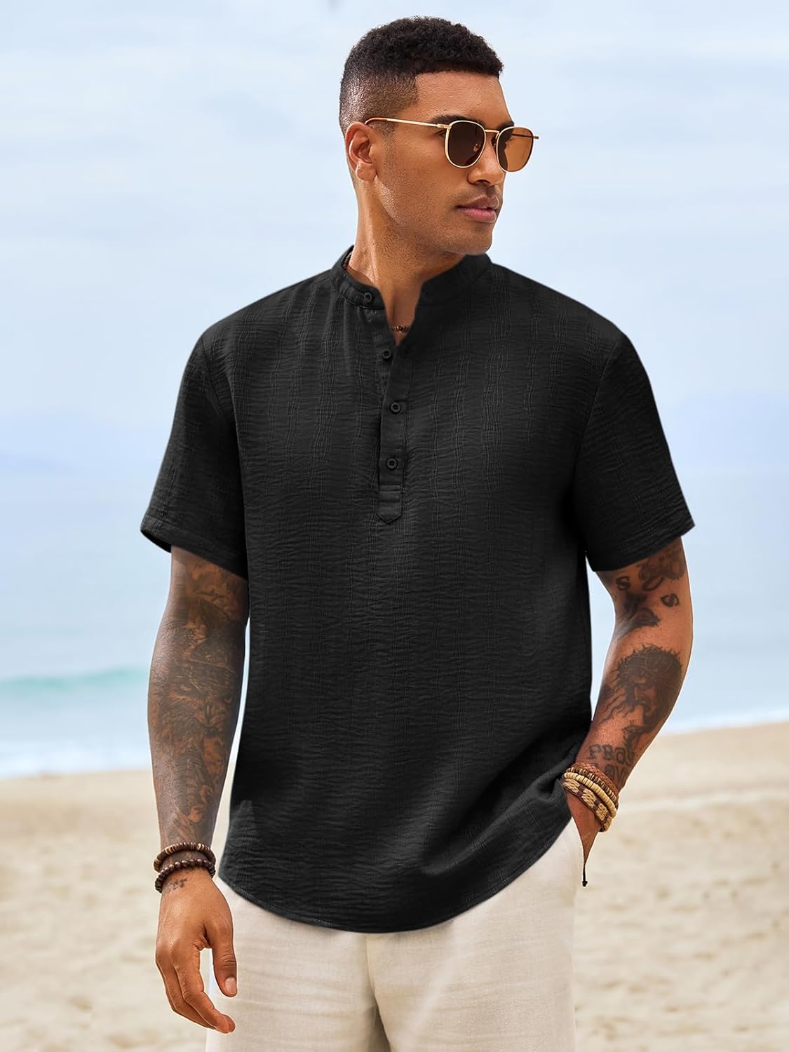 Runcati Mens Casual Henley Shirt Short Sleeve Band Collar Textured Shirts Summer Beach Hippie T-Shirts - Image 2