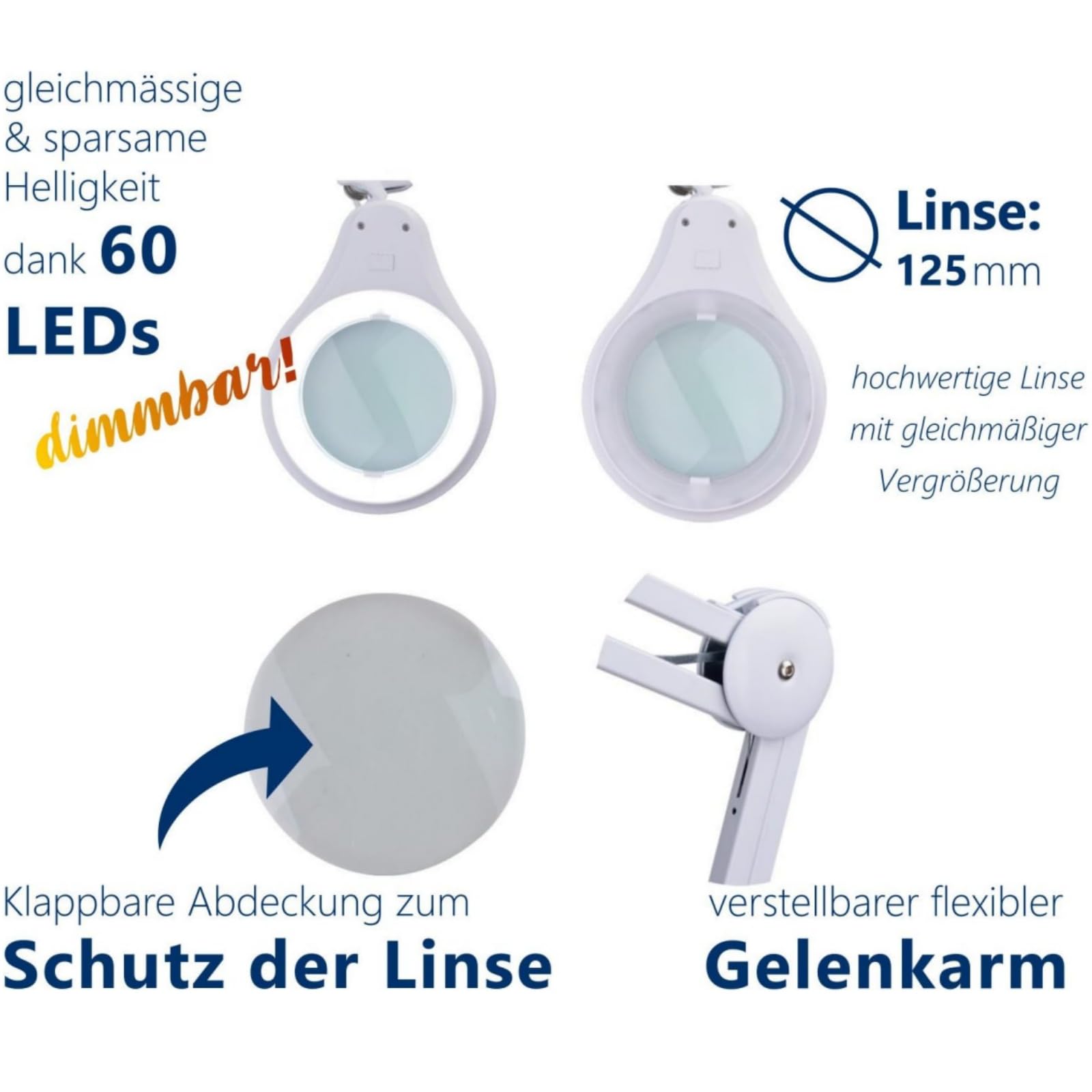 Lámpara LED con lupa con soporte, lámpara LED con lupa regulable, trípode enrollable, lente de 5 dioptrías de 125 mm, lámpara de lupa LED, brazo giratorio con iluminación, color blanco