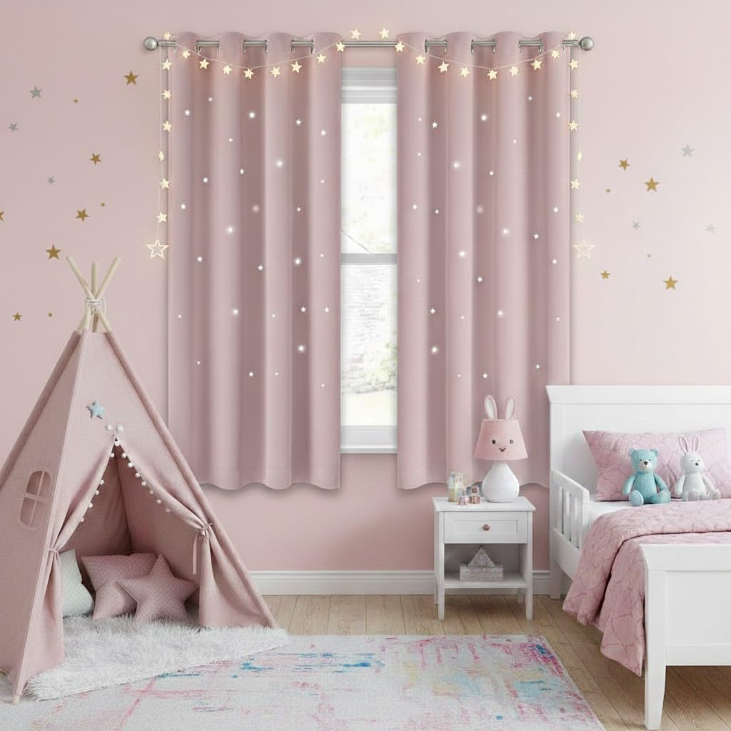 NICETOWN Light Pink Stars Blackout Curtains for Kid's Room, 2 Panels, 52x63