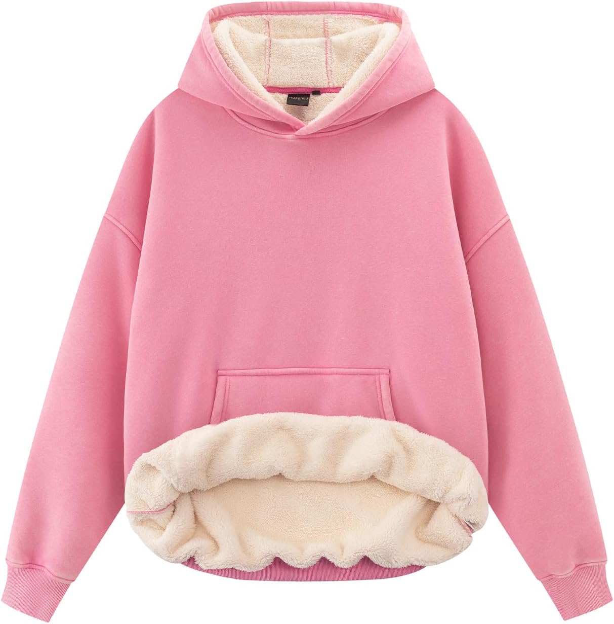 Oversized Acid Wash Hoodie for Women Sherpa Fleece Lined Hooded Pullover Unisex Vintage Streetwear Sweatshirt