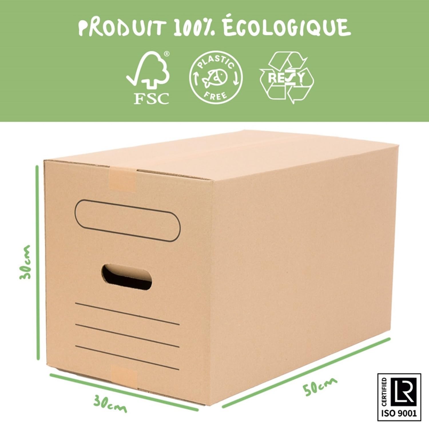 ONLY BOXES Lot de 10 boîtes en carton pour déménagement avec poignées 50 x 30 x 30 cm Canal double