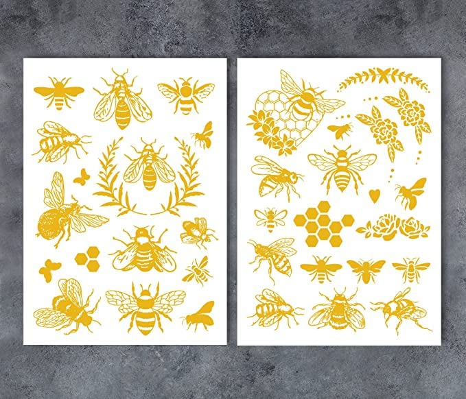 GSS Designs 2 Sheets Gold Bee Rub On Transfers for Furniture Ceramic Crafts Wood Scrapbook Card Making 8.3x11.7Inch Metallic Bee Stickers Transfers for Crafts DIY