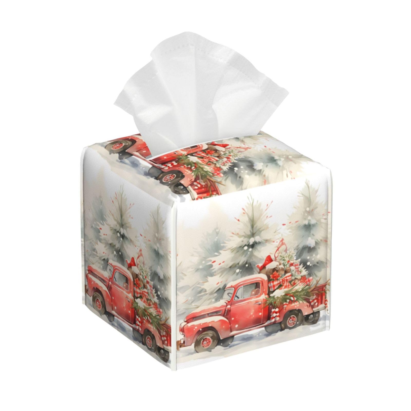 Square Tissue Box Cover, Leather Tissue Cube Box Holder, Christmas Red Truck Snowflake Facial Paper Case for Tabletop, Bathroom, Car, Office 5.2"x5.2"x5.2"in