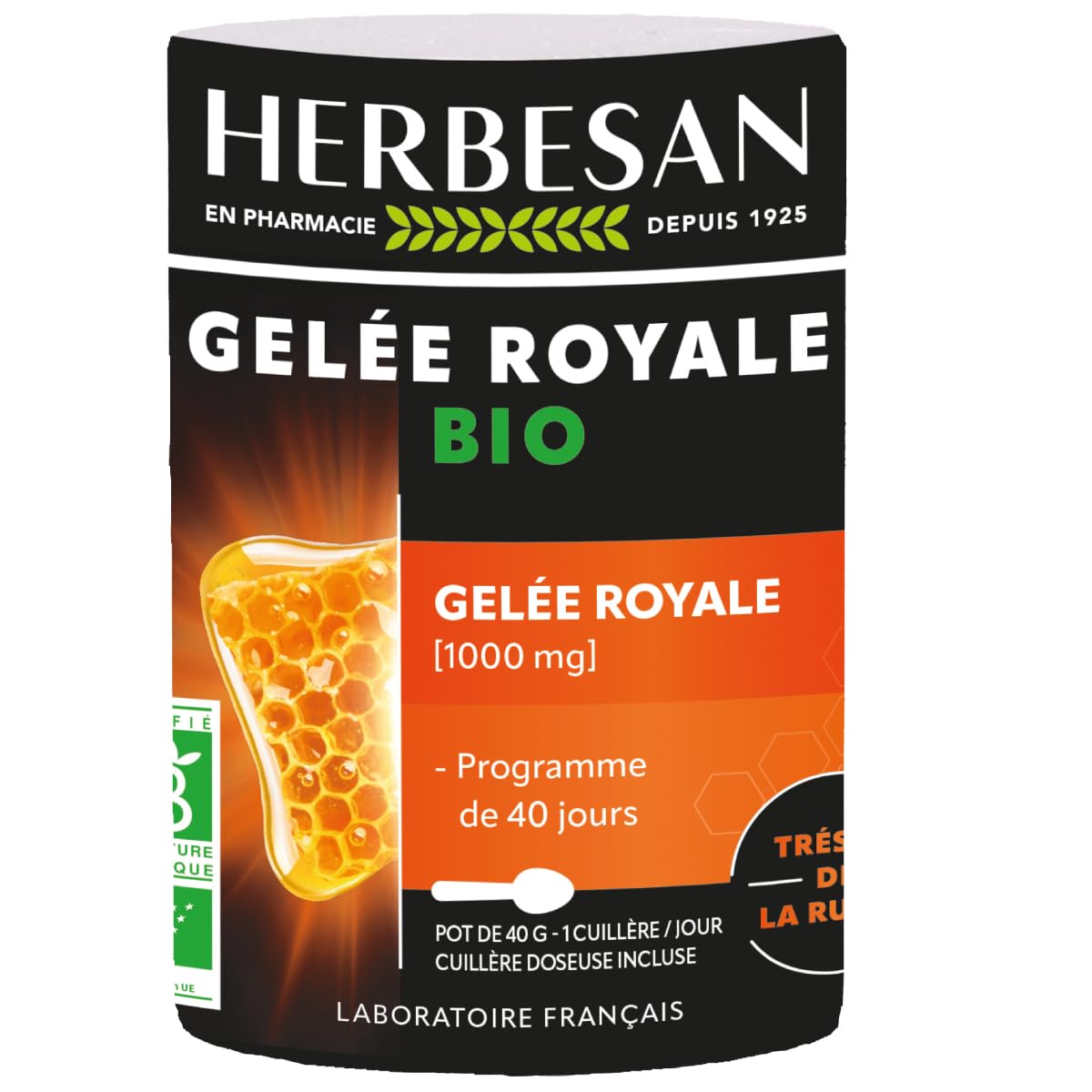 HERBESAN®- GELÉE ROYALE BIO 1 000MG - Fortifiant - Cuillère doseuse incluse -Conditionné en France - Pot de 40g