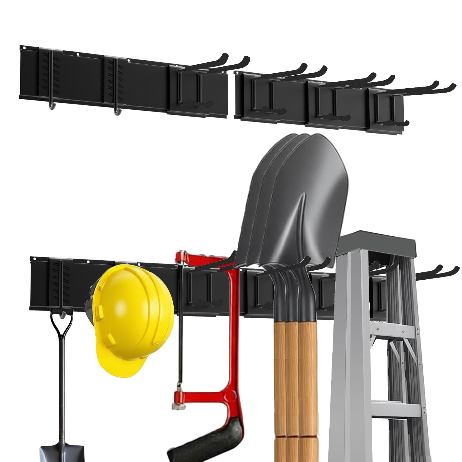 Metall-Gartengerätehalter,Gerätehalter Wandhalterung 150kg，Garagen-Werkzeug-Management-Wandregal mit 2 Halter + 6 Doppelhaken für Gartenwerkzeug in Garage, Garten, Keller (Schwarz)
