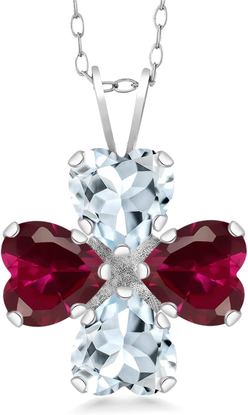 Gem Stone King 925 Sterling Silver Sky Blue Aquamarine and Red Created Ruby 4 Heart Shape Gemstone March Birthstone Pendant Necklace For Women (3.26 Cttw, 6MM Heart, with 18 Inch Silver Chain)