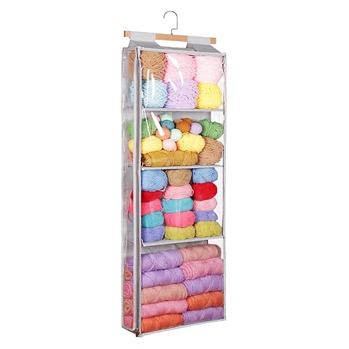Hanging Yarn Storage with 4 Large Pockets, Clear Knitting Organizer Storage with Zippers for Crochet Lovers, Hanging Yarn Holder with Over-Door Hooks for Knitting Needles Crochet Hooks - Grey - 4 Pockets