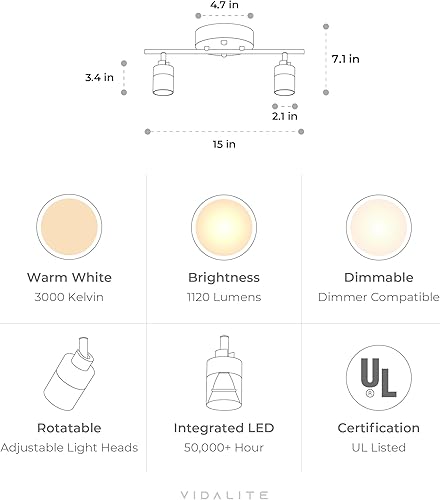 Miniatura 2 de Shura - Luz de pista blanca de 2 luces con cabezales ajustables, bombillas LED integradas, kit de iluminación de riel de 15 pulgadas, luz de techo,