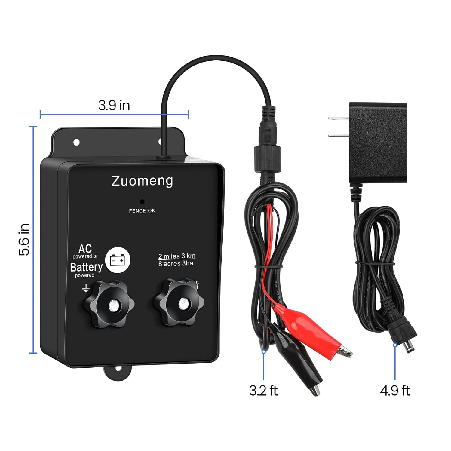 Electric Fence Energizer, Zuomeng 2-Mile 8 Acres Electric Fence Charger Powered by Battery or Power Adapter, 0.1 Joules, for Livestock, Pets, Garden & Wildlife Control