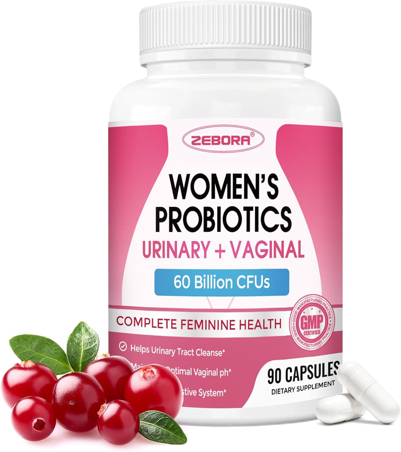 ZEBORA Probiotics for Women, Vaginal Probiotic with Cranberry, Organic Prebiotics, D-Mannose, & Vitamin C - Support Urinary Tract Health, Vaginal pH, & Gut Health - Gluten Free, 90 Vegan Capsules