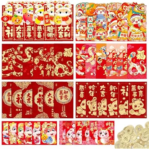 ABONDEVER 48 Pcs Chinese New Year Red Envelopes Year of the Snake Red Envelopes Lunar New Year 2025 Cartoon Snake Hong Bao Lucky Money Pockets and 60 Pcs Chinese Feng Shui Coins Cover