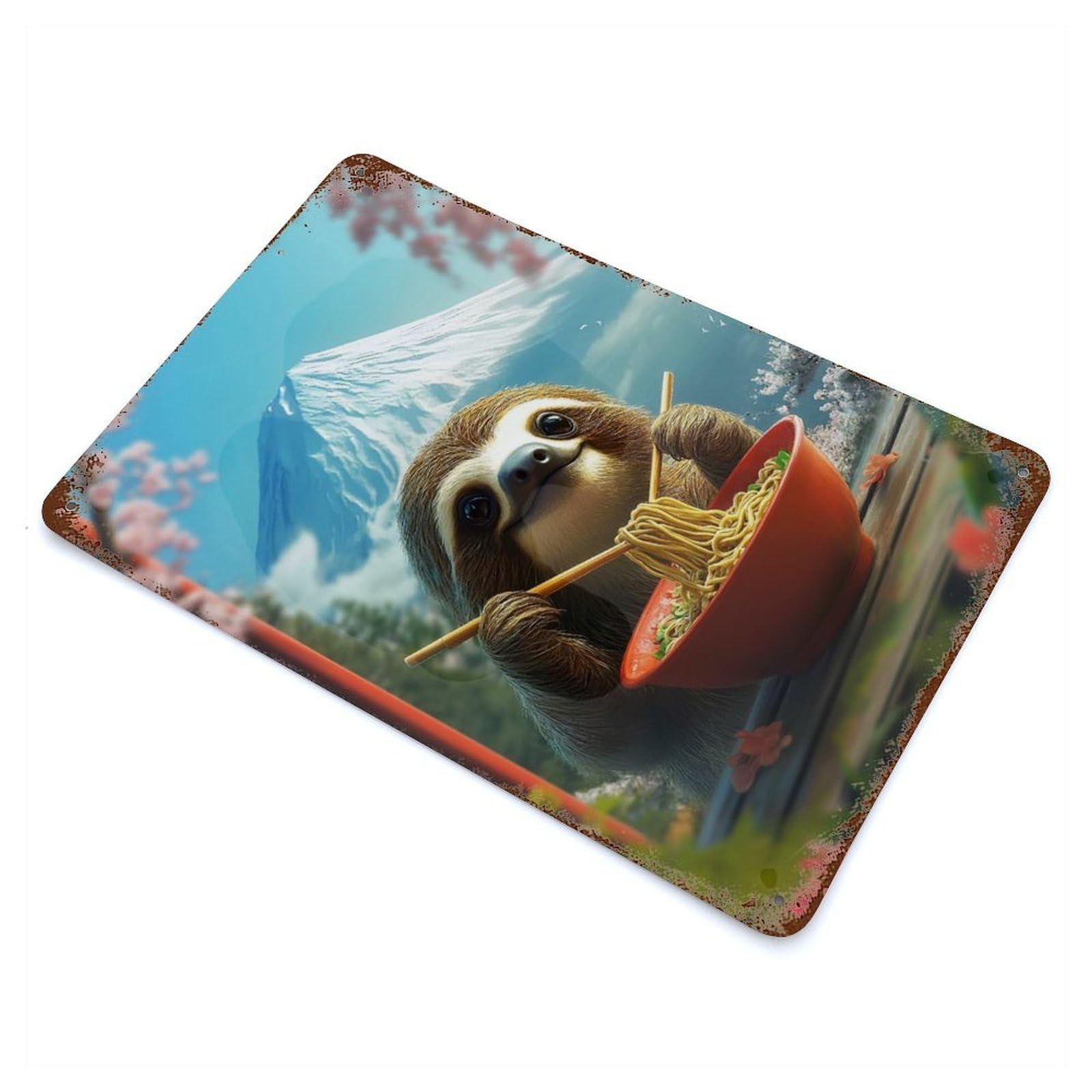 Sloth Eating Ramen in Japan Mt. Fuji Decorative Tin Sign 11.8"x7.9", Ideal for Garage, Bar And Workshop Decor