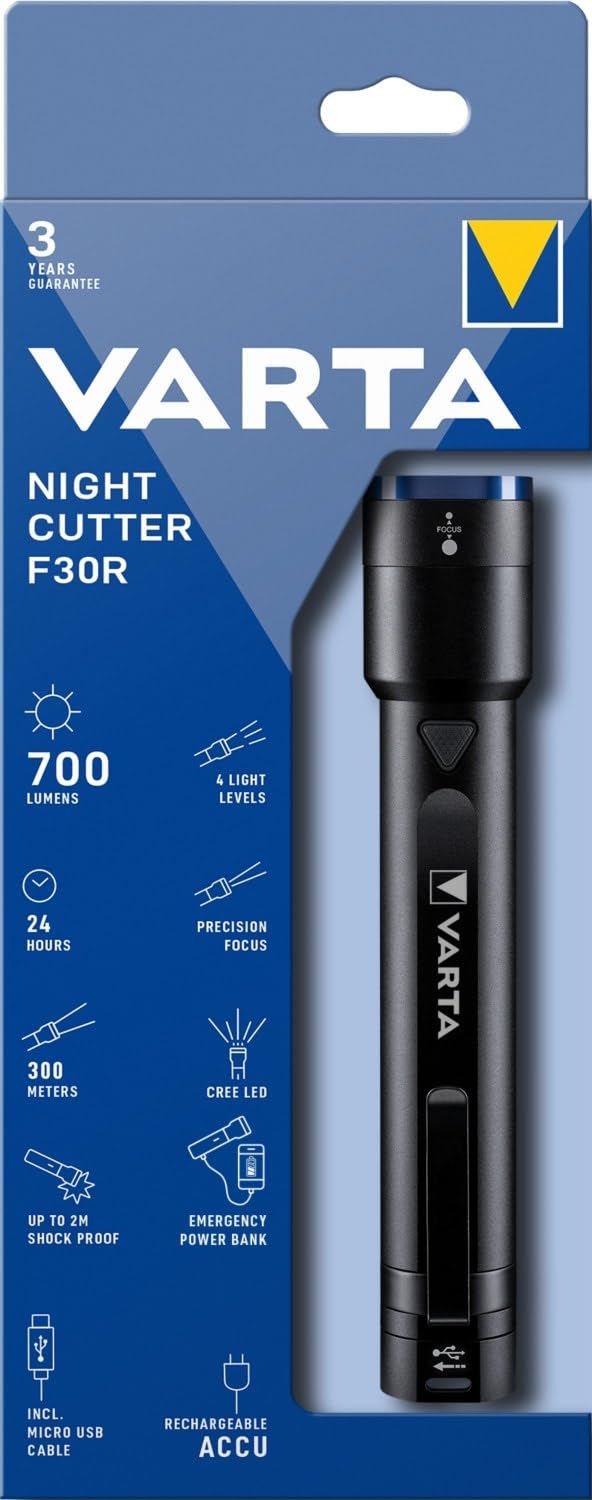 VARTA Lampe Torche LED & Power Bank (2600mAh), rechargeable, Night Cutter F30R Premium, lampe de poche avec 4 modes d'éclairage, incl. câble de charge Micro-USB, résistante aux éclaboussures, noire