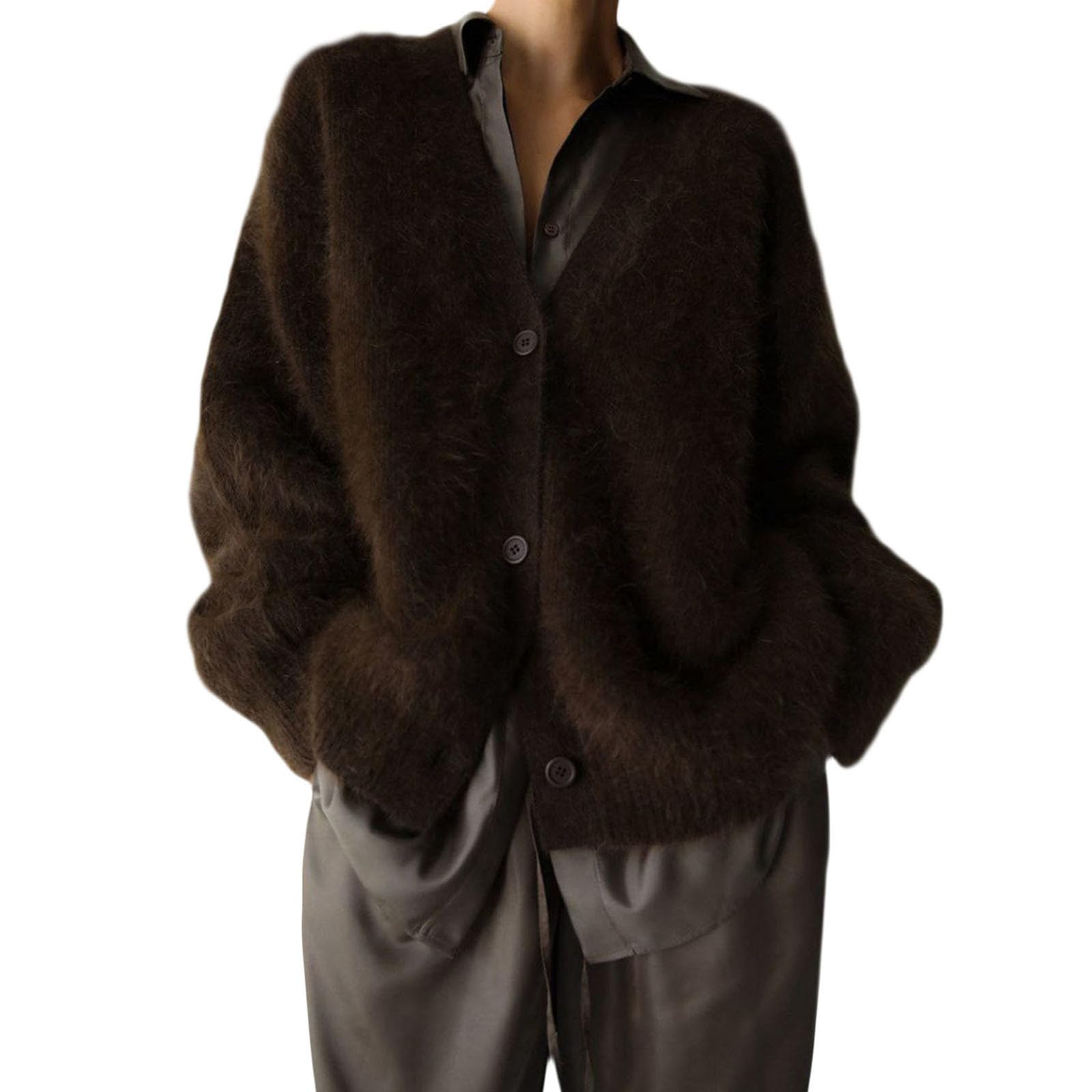 Costaric Oversized Fuzzy Knit Mohair Sweater for Women Fall Furry V Neck Button Down Chunky Cardigan Sweaters 2025