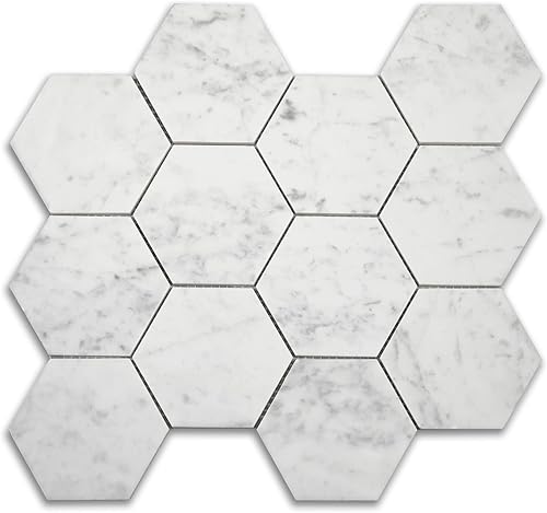 Soulscrafts Azulejo de mosaico hexagonal de mármol de carrara blanco italiano de 4 pulgadas, mate para cocina, baño, pared y piso, 5 hojascaja